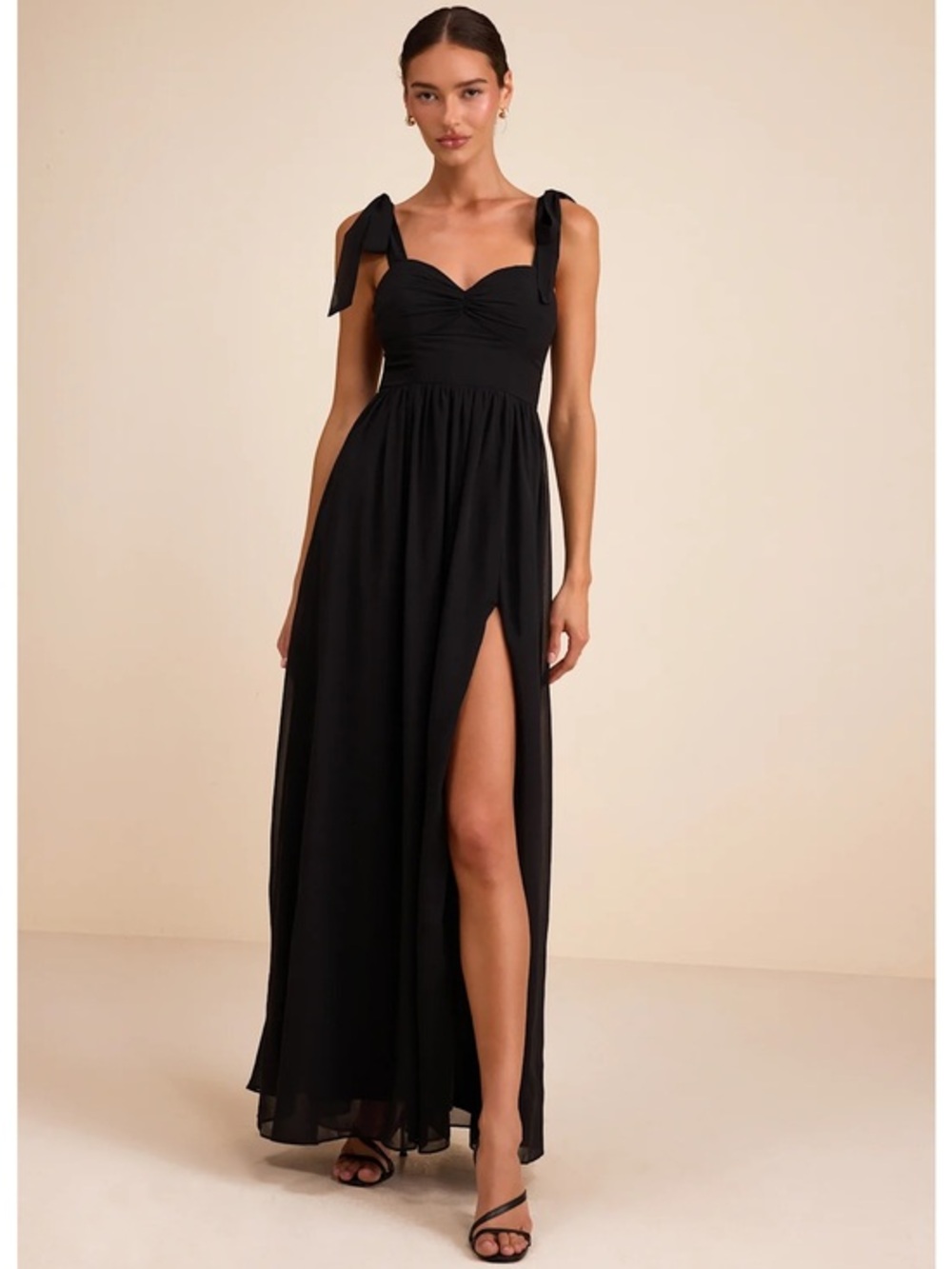 NWT Lulu’s Radiant Charisma Black Chiffon Ruched Tie-Strap Maxi Dress Medium